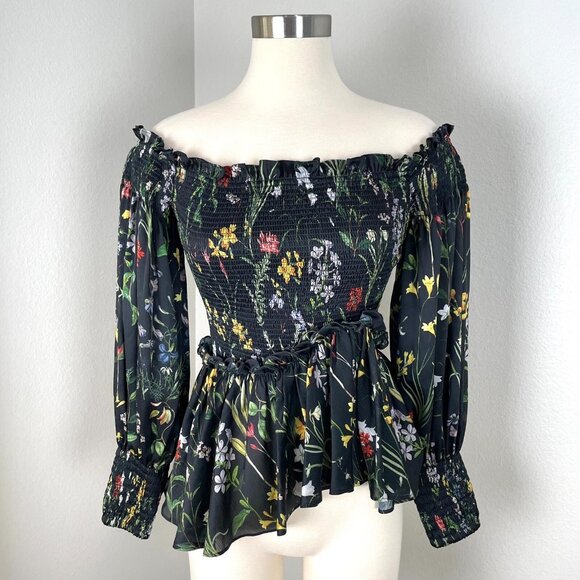 Alexis Womens Small Floral Smocked Off The Shoulder Blouse Peplum Shirt Top - Picture 1 of 11